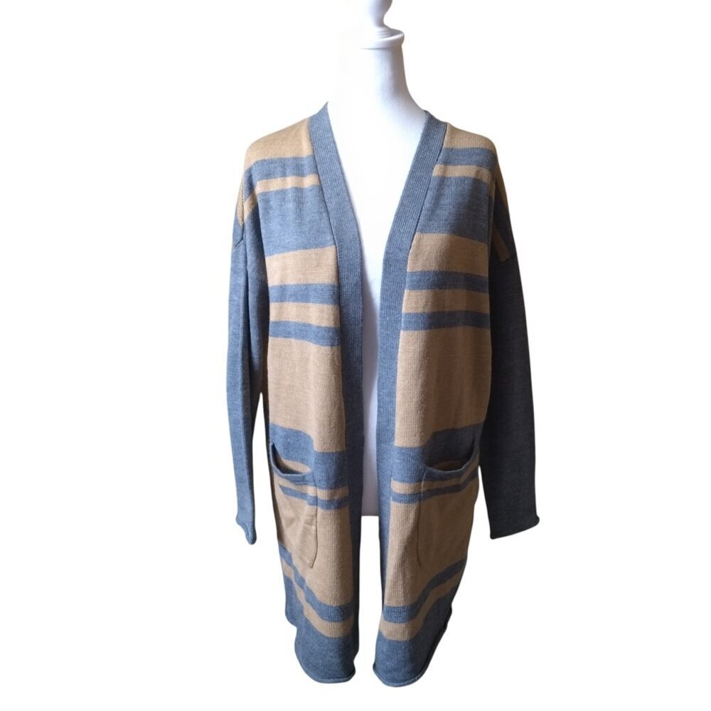 Cynthia Rowley Medium Merino Wool Blend Striped Open Front Cardigan Long Line